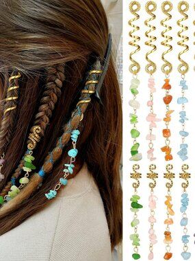 12 Pcs Hair Jewelry for Braids Natural Crystal Stone Dreadlock Accessories Metal
